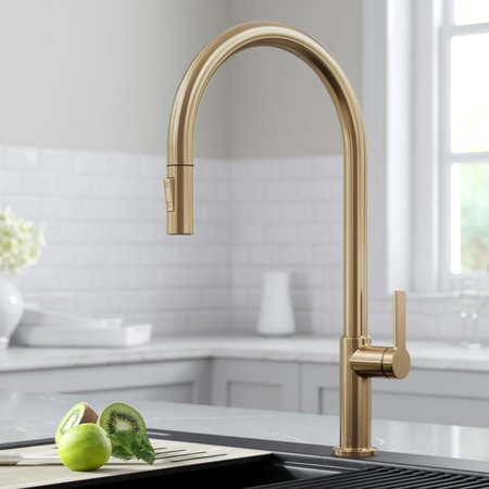 DANIEL KRAUS Kraus Oletto High-Arc Single Handle Pull-Down Kitchen Faucet, Antique Champagne KPF-2821SFACB